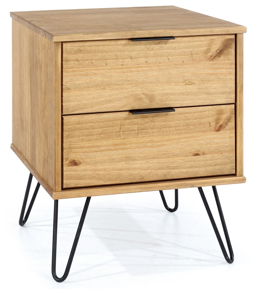 Augusta Bedside Cabinet - 2 Drawer - Pine - Hairpin Legs