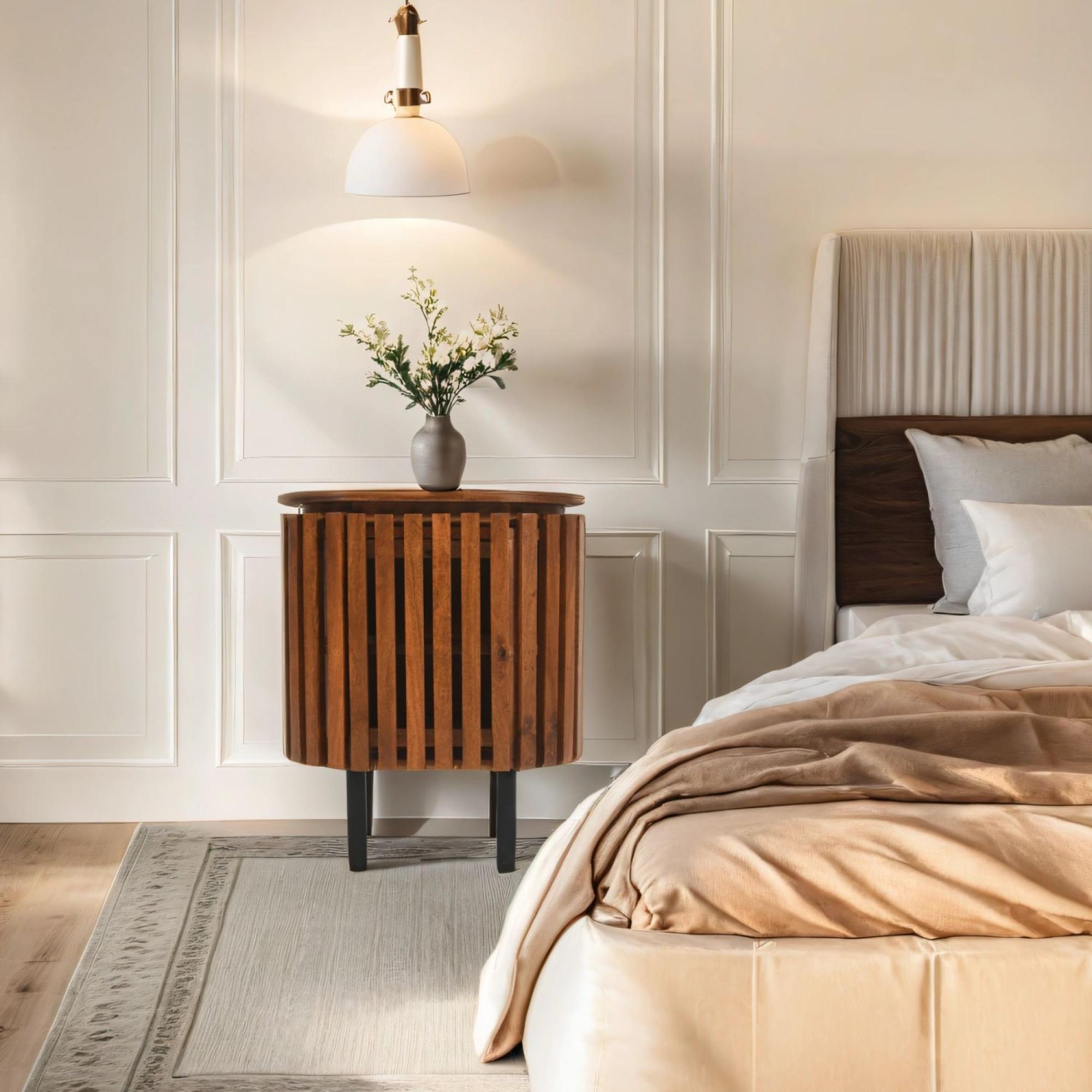 Amber Slatted Mango Wood 1 Door Bedside Table
