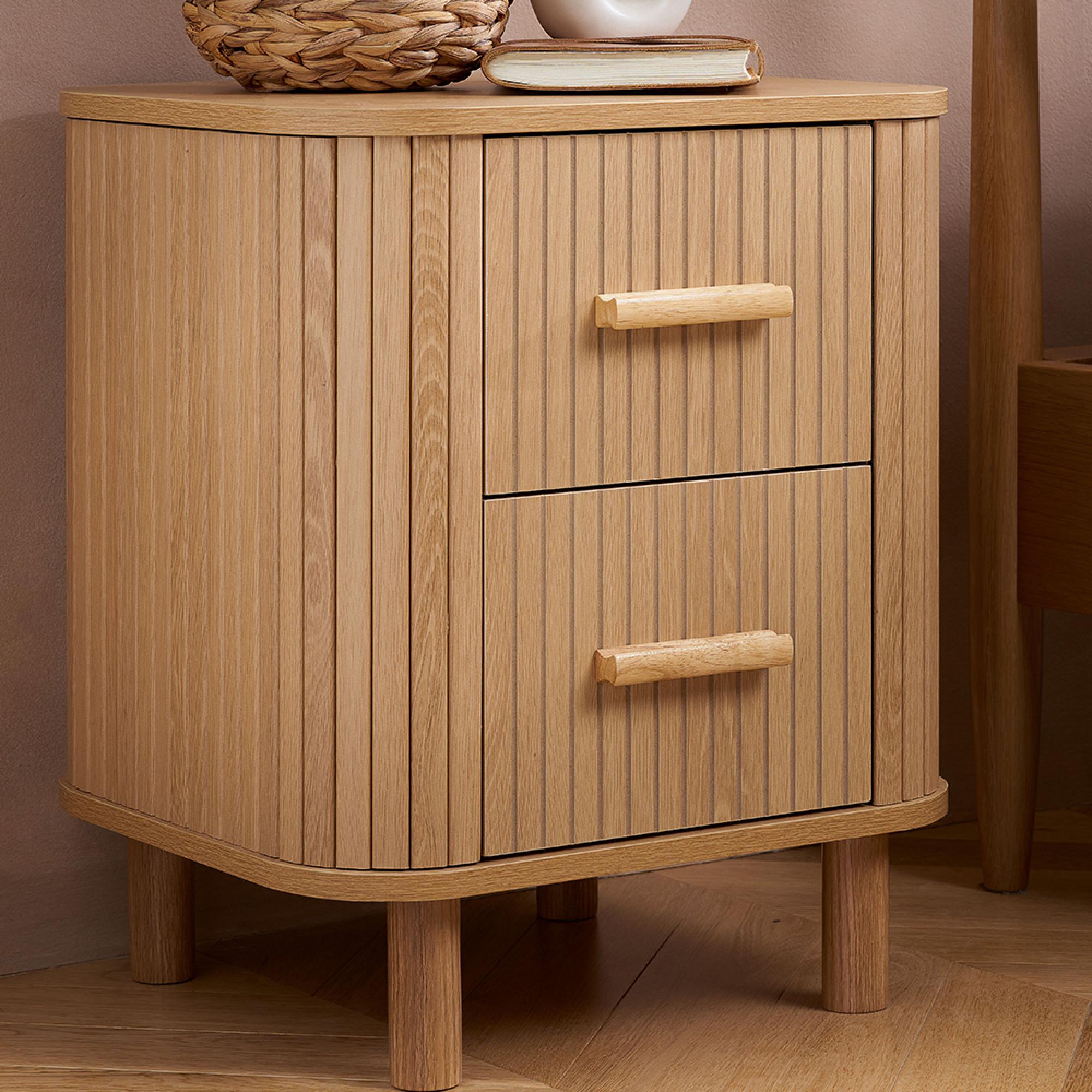 Axel Curved Bedside Cabinet - 2 Drawer - Oak Fluted