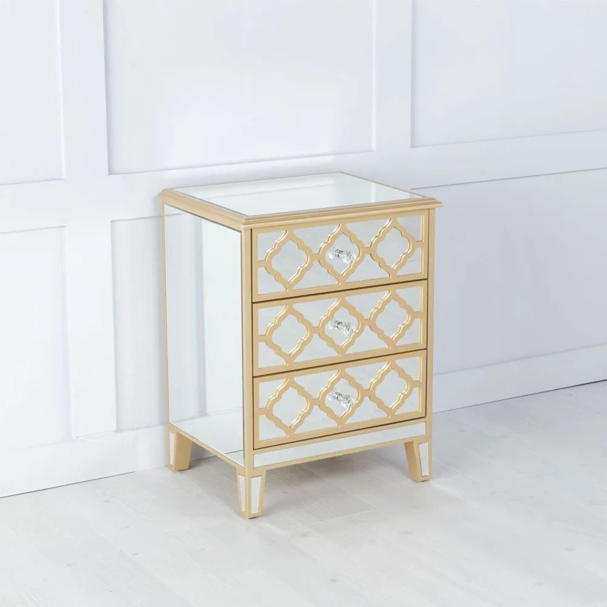 Casablanca Bedside Cabinet - 3 Drawer - Mirrored - Gold Trim