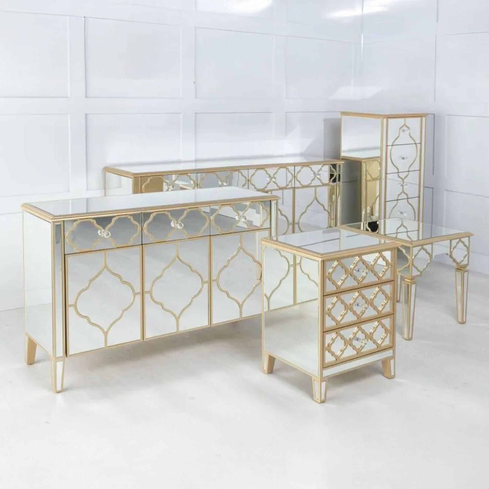 Casablanca Bedside Cabinet - 3 Drawer - Mirrored - Gold Trim