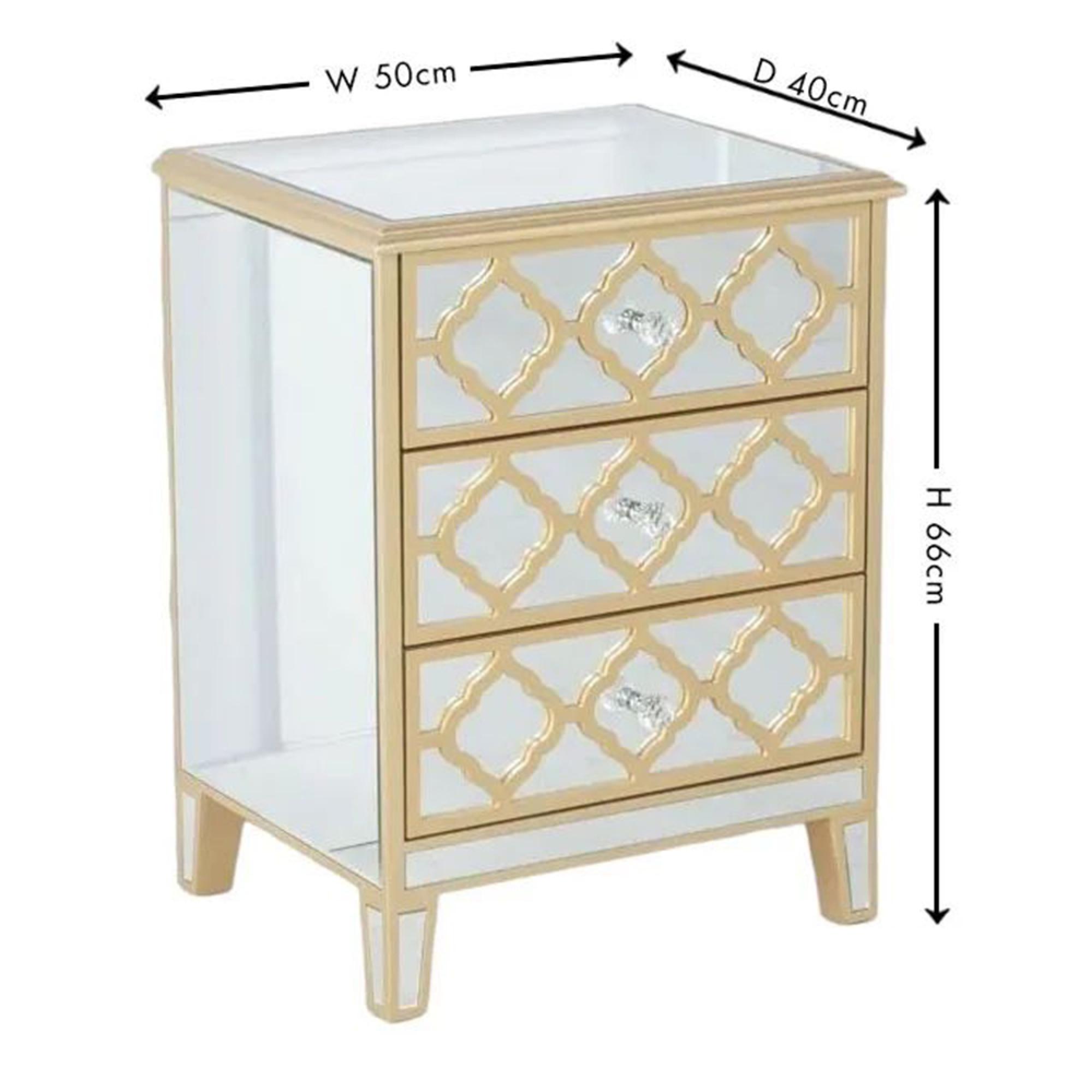 Casablanca Bedside Cabinet - 3 Drawer - Mirrored - Gold Trim