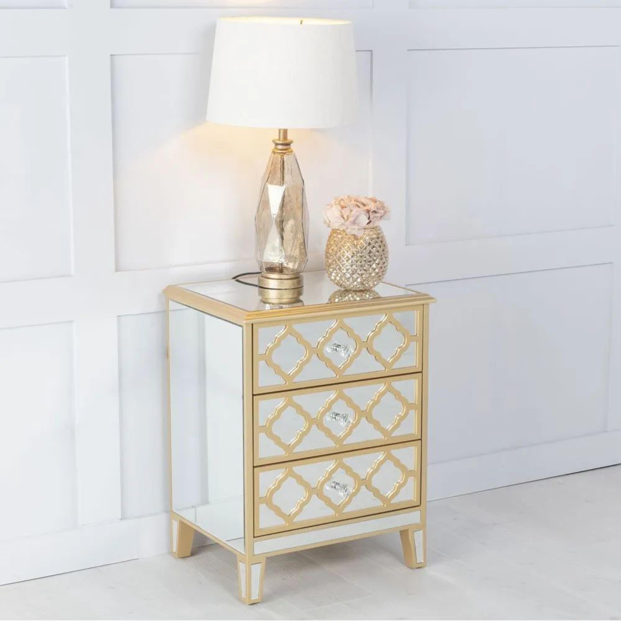 Casablanca Bedside Cabinet - 3 Drawer - Mirrored - Gold Trim