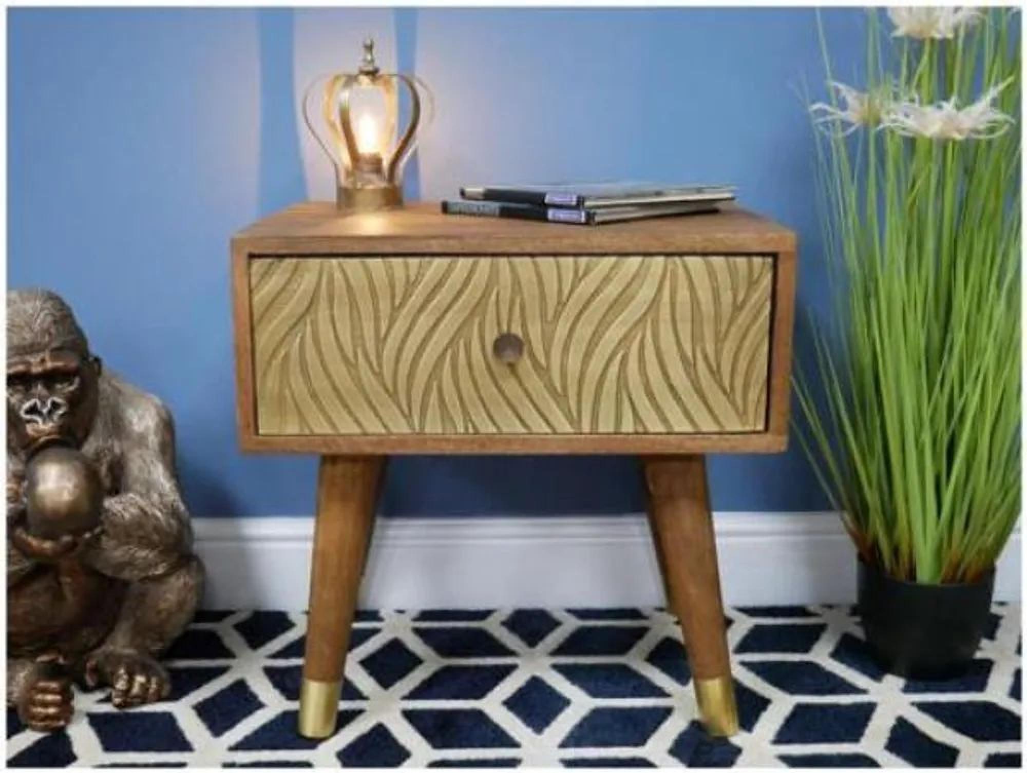 Clearance - Dutch Mango Wood and Brass Cladding Bedside Cabinet - FSS15959
