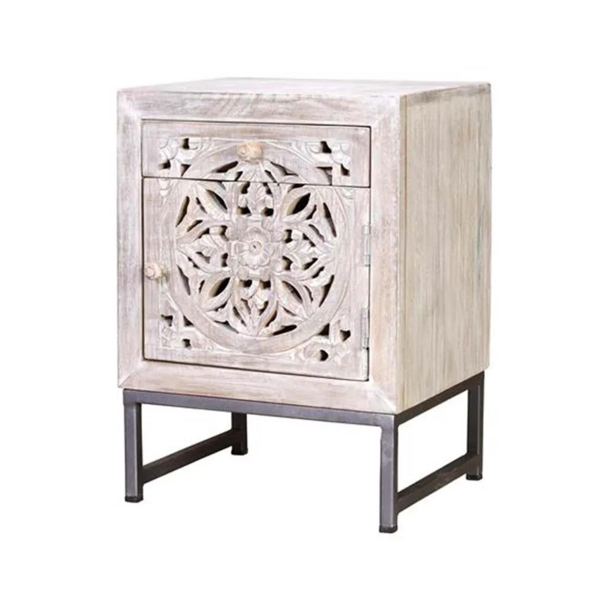Clearance - Quintana White Washed Carved Mango Wood 1 Door Bedside Cabinet - FSS16202
