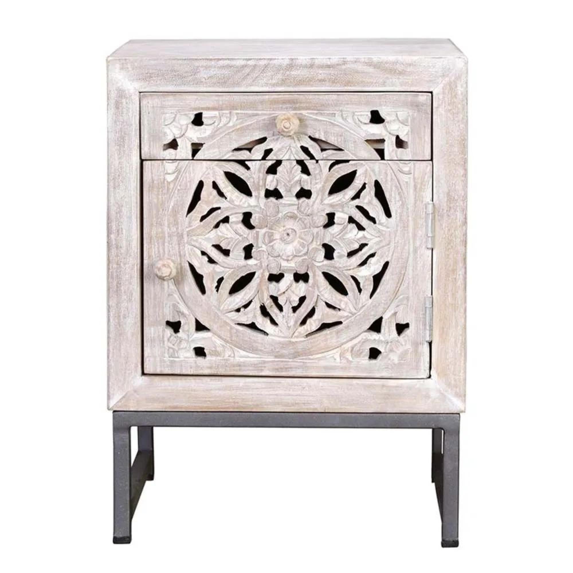 Clearance - Quintana White Washed Carved Mango Wood 1 Door Bedside Cabinet - FSS16202