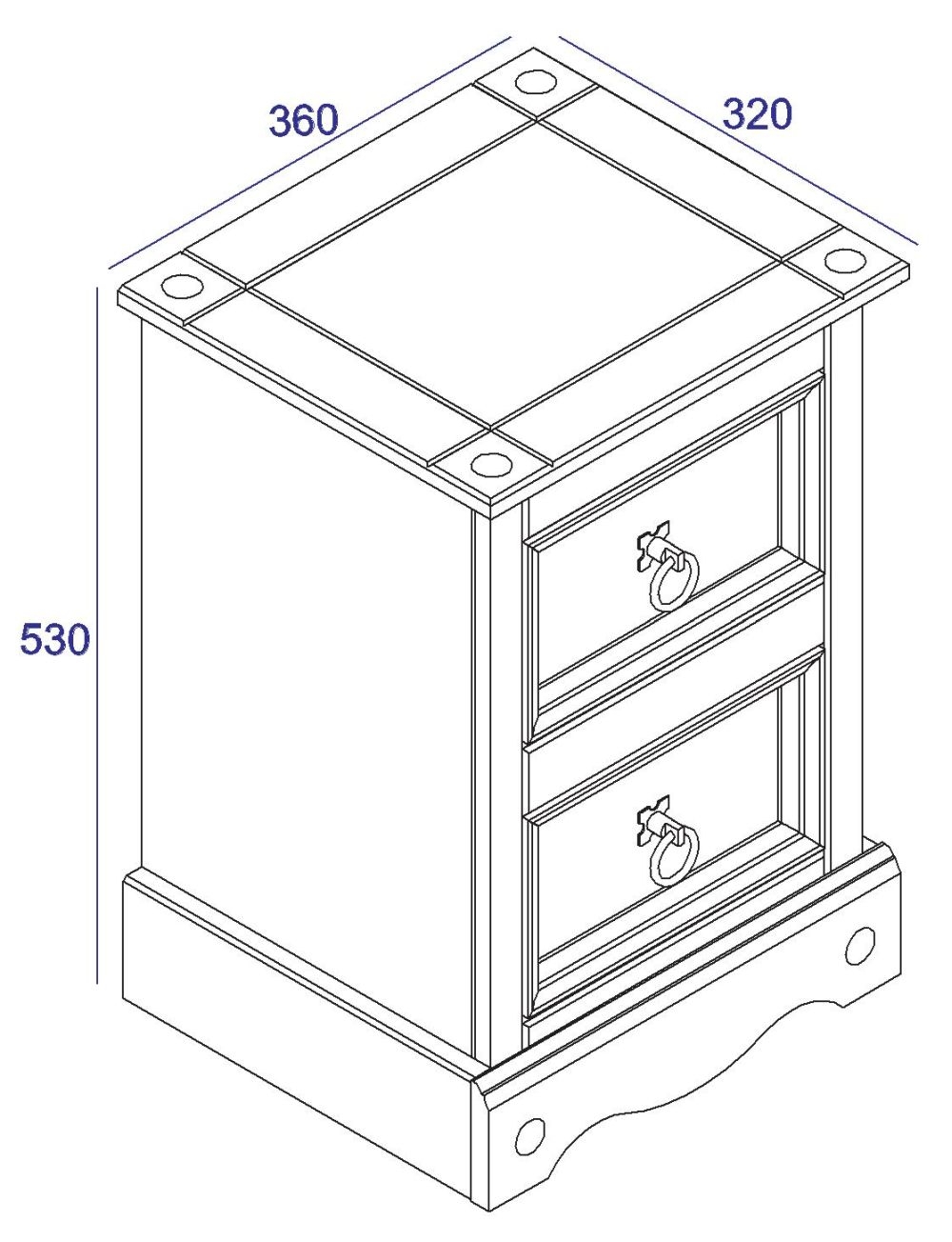 Corona Bedside Cabinet - 2 Drawer Petite - Grey Mexican Pine
