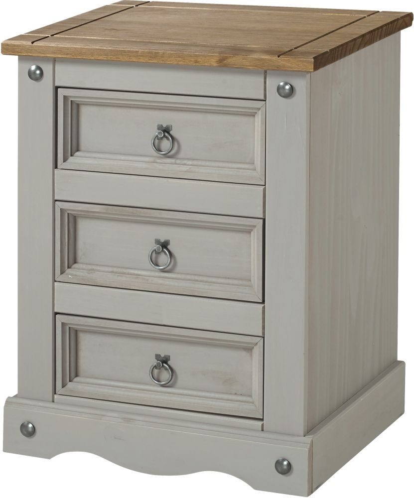 Corona Bedside Cabinet - 3 Drawer - Grey Mexican Pine
