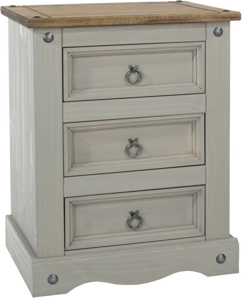 Corona Bedside Cabinet - 3 Drawer - Grey Mexican Pine