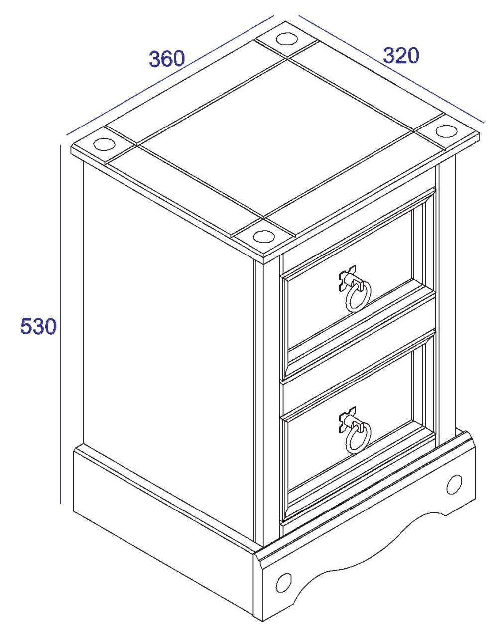 Corona Bedside Cabinet - 2 Drawer Petite - Pine Mexican