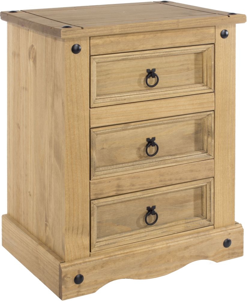 Corona Bedside Cabinet - 3 Drawer - Pine Mexican