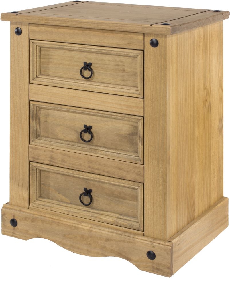 Corona Bedside Cabinet - 3 Drawer - Pine Mexican