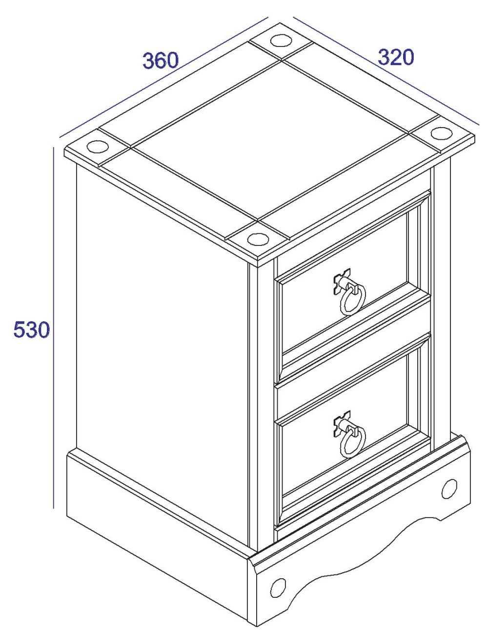 Corona Bedside Cabinet - 2 Drawer Petite - White Mexican Pine
