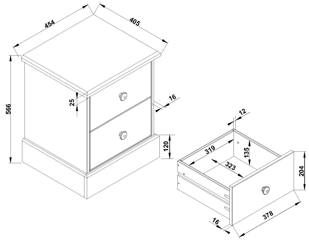 Cotswold Bedside Cabinet - 2 Drawer - Pine