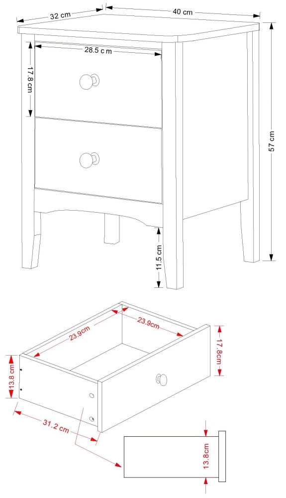 Como Bedside Cabinet - 2 Drawer - Grey Painted