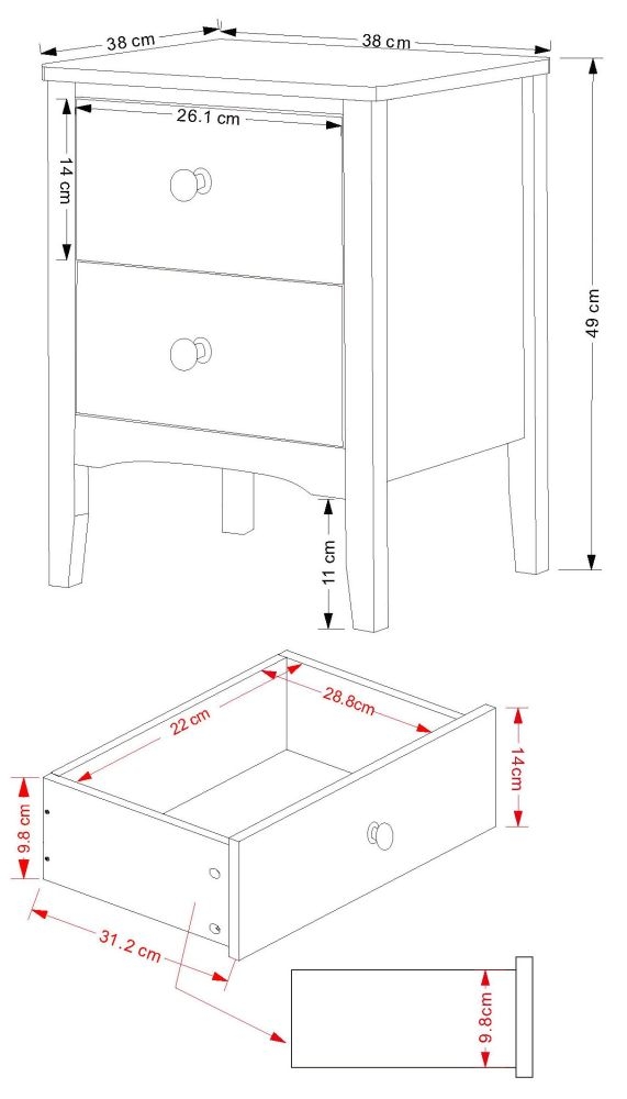 Como Bedside Cabinet - 2 Drawer Petite - Grey Painted
