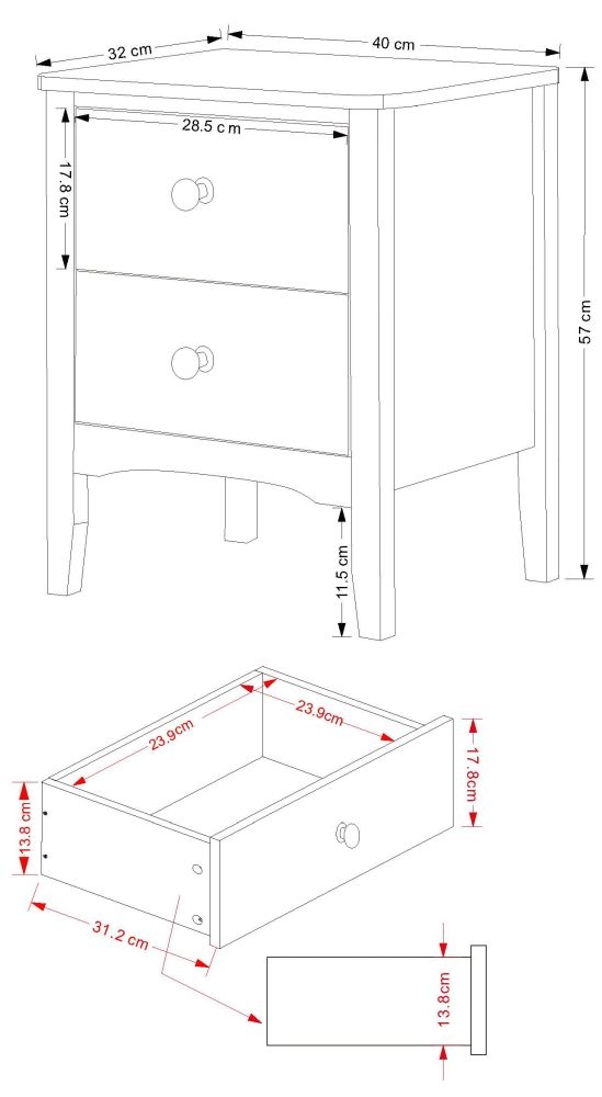 Como Bedside Cabinet - 2 Drawer - White Painted