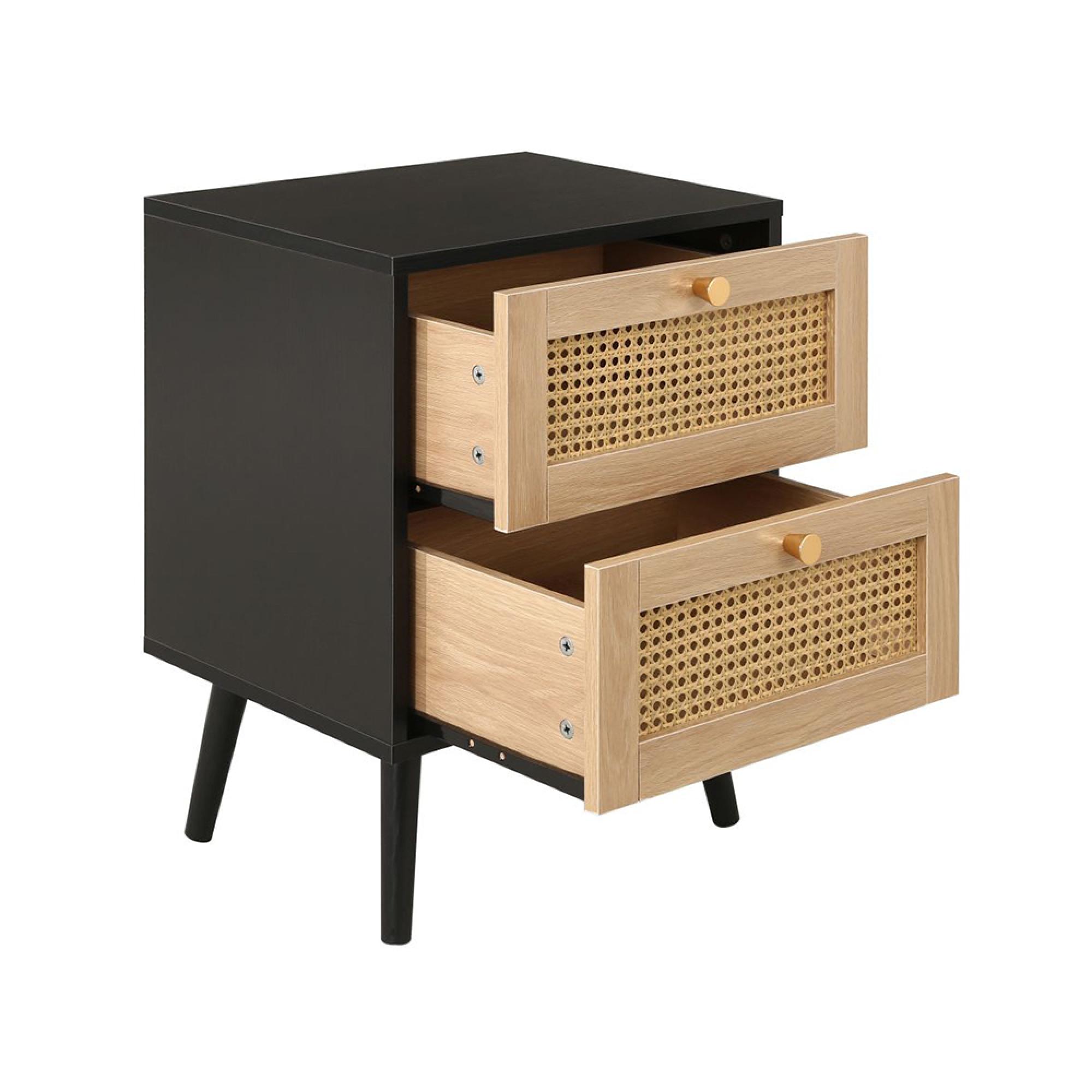 Croxley Bedside Cabinet - 2 Drawer - Black and Rattan