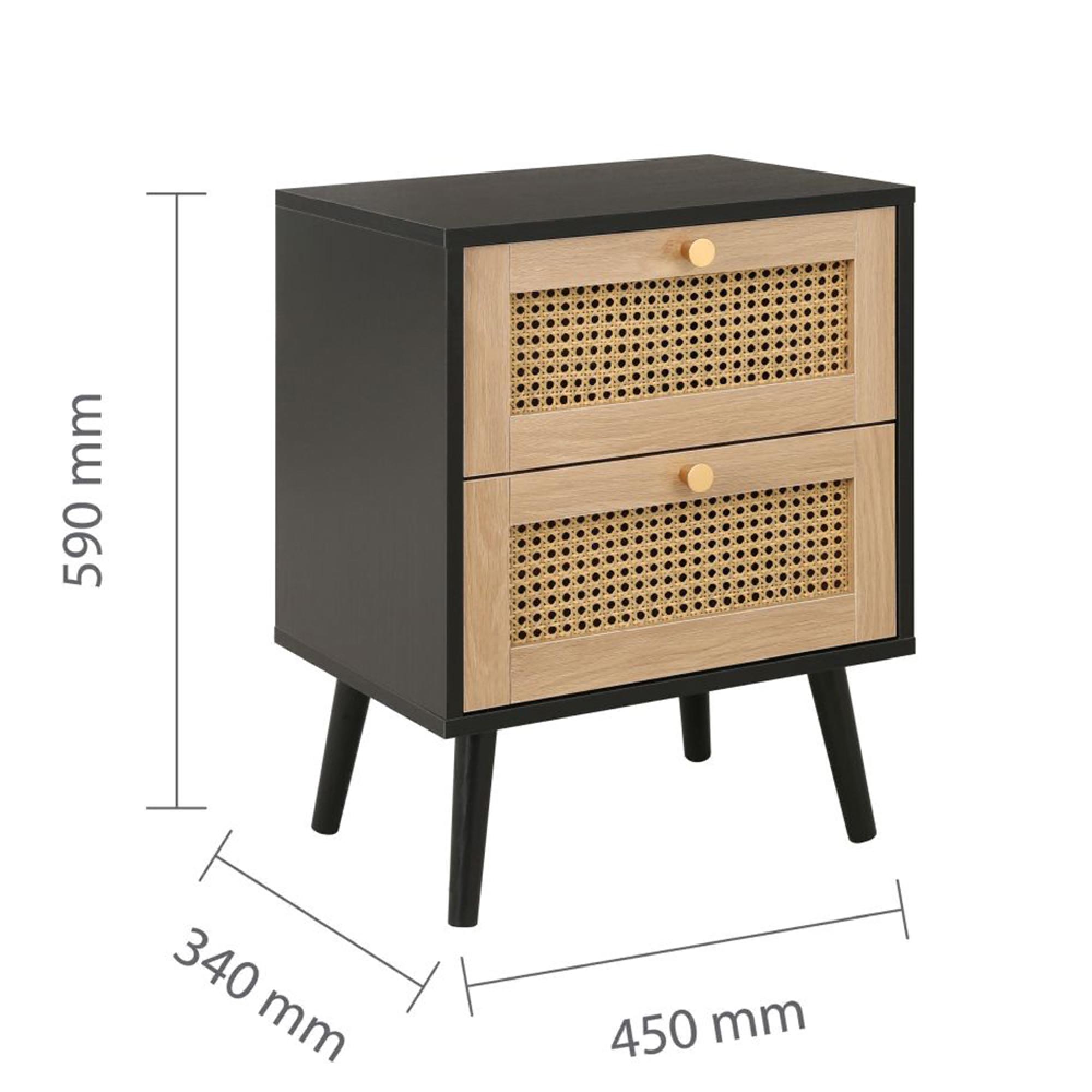 Croxley Bedside Cabinet - 2 Drawer - Black and Rattan