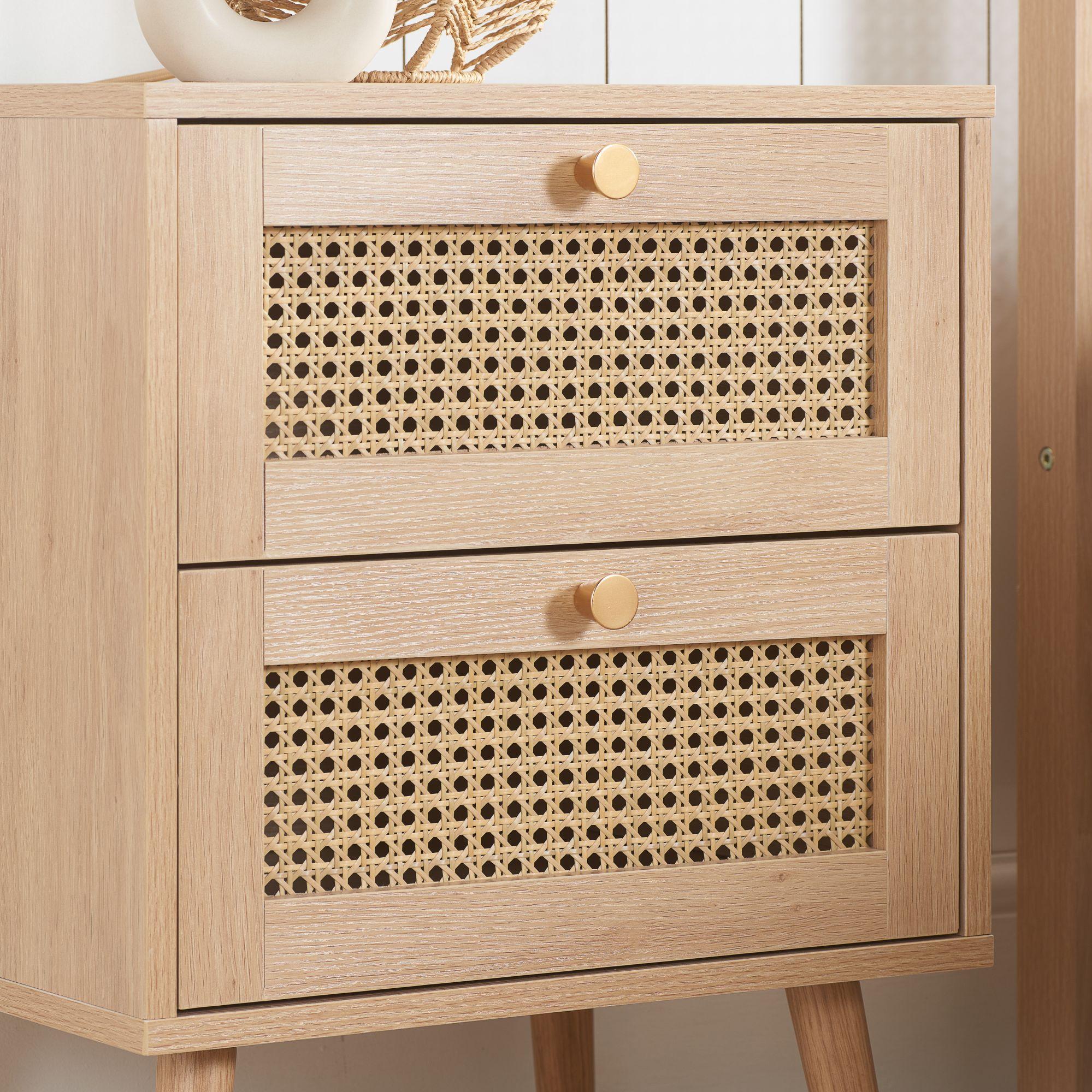 Croxley Bedside Cabinet - 2 Drawer - Oak and Rattan