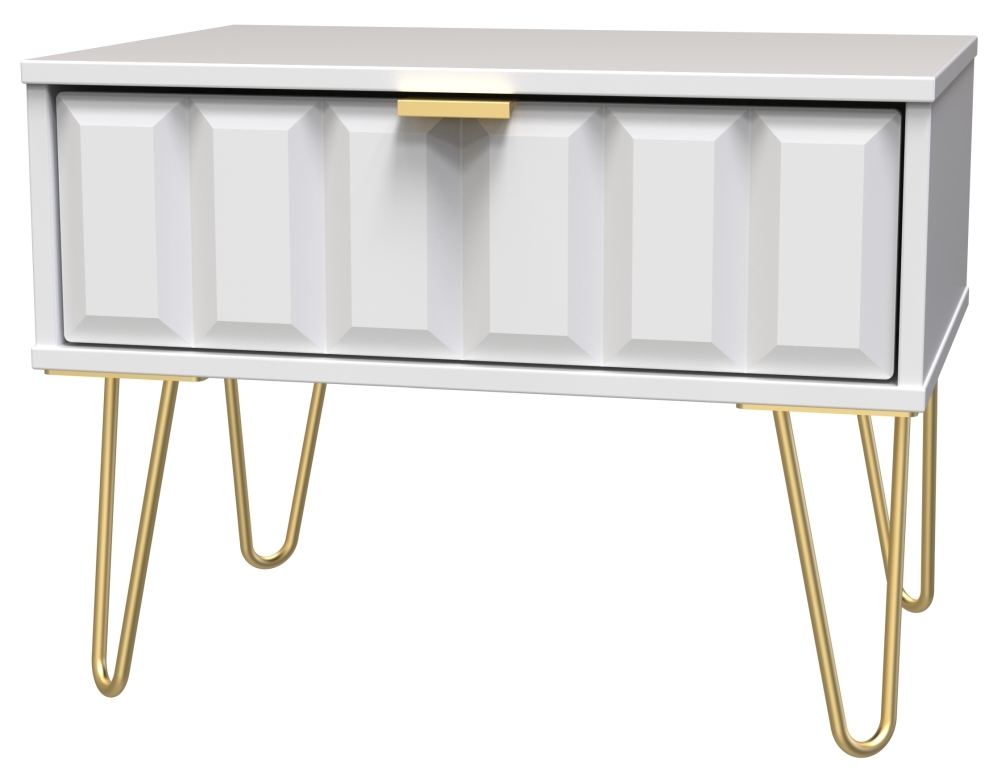 Cube Bedside Table - 1 Drawer - Wide - with Gold Hairpin Legs - White
