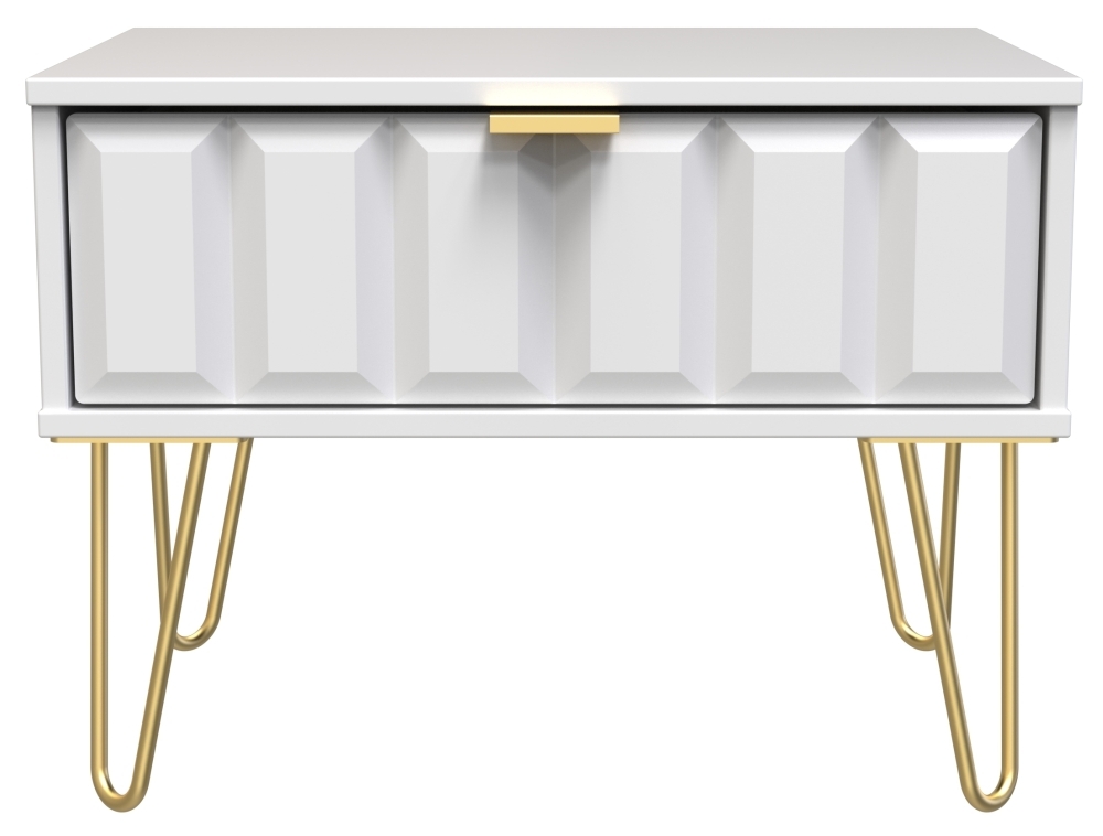 Cube Bedside Table - 1 Drawer - Wide - with Gold Hairpin Legs - White
