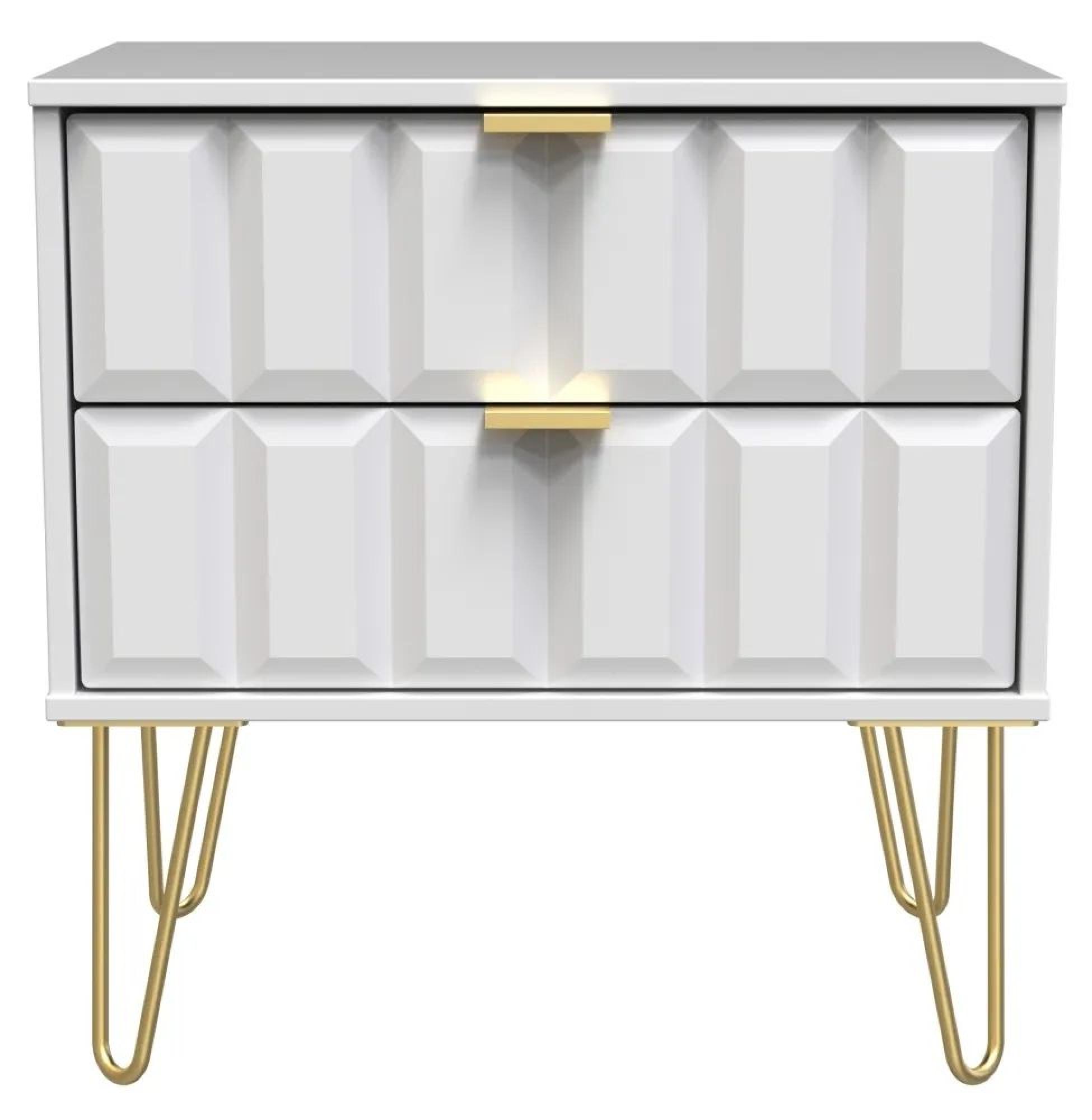 Cube White 2 Drawer Wide Bedside Cabinet with Gold Hairpin Legs