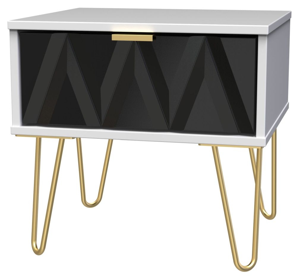 Diamond Bedside Table - 1 Drawer - with Gold Hairpin Legs - Black and White