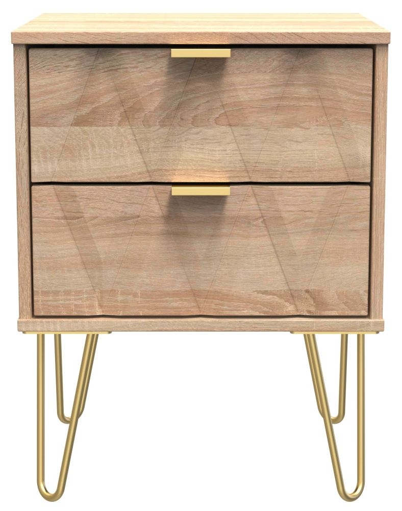 Diamond Bedside Cabinet - 2 Drawer - with Gold Hairpin Legs - Oak