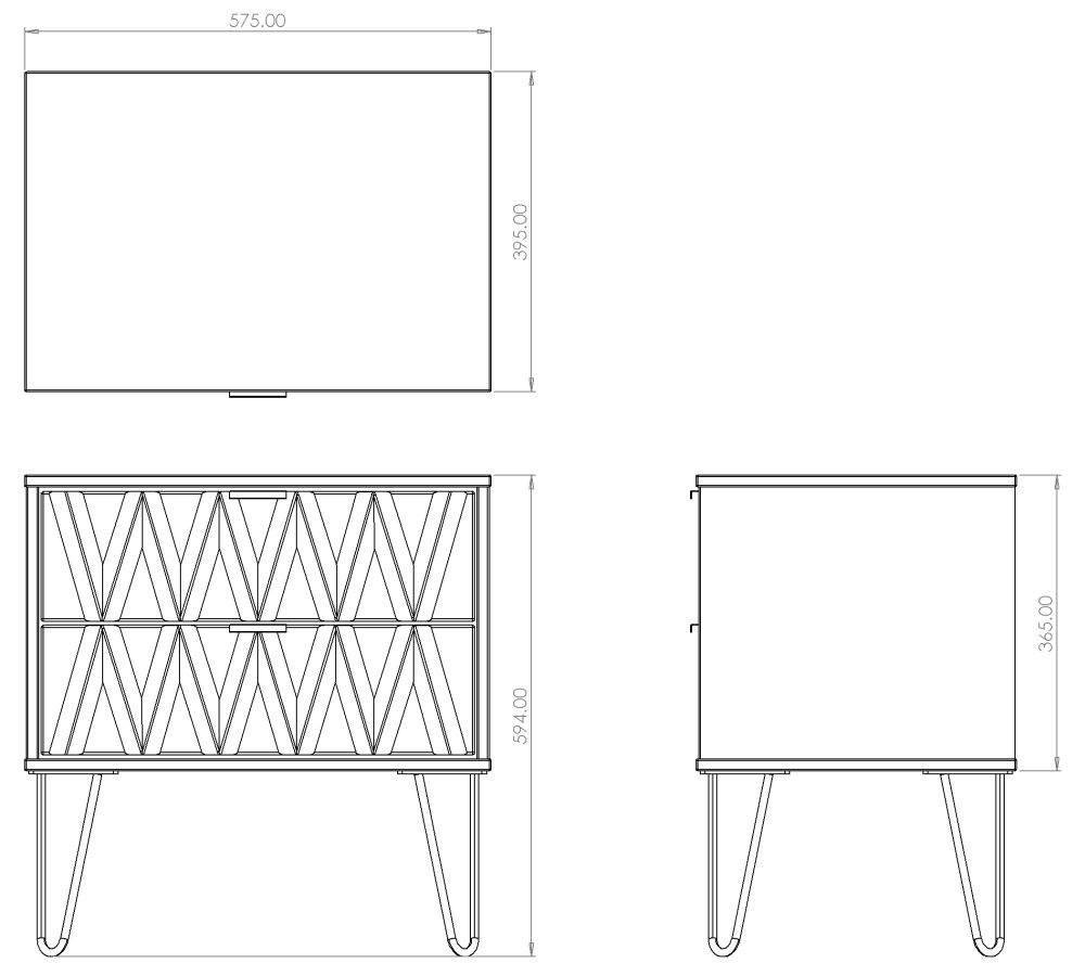 Diamond Midi Bedside Cabinet - 2 Drawer - with Gold Hairpin Legs - Oak