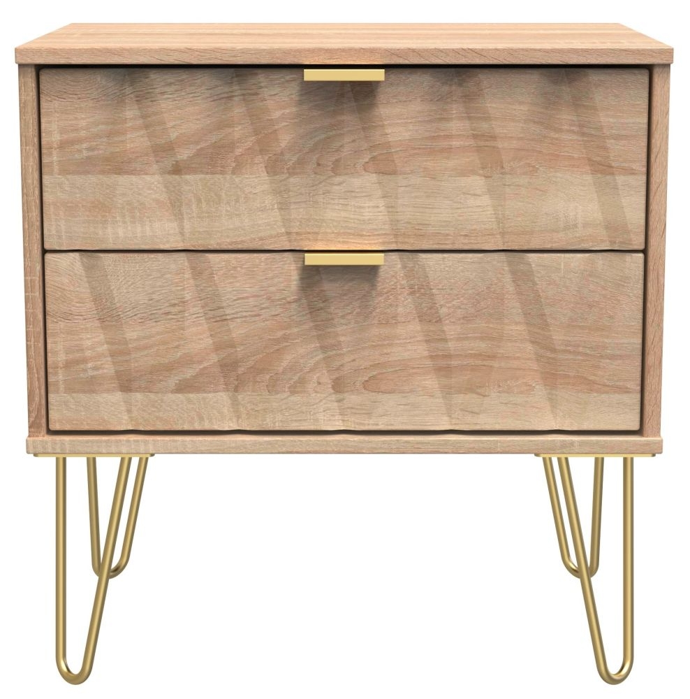 Diamond Oak Effect 2 Drawer Midi Bedside Cabinet with Gold Hairpin Legs
