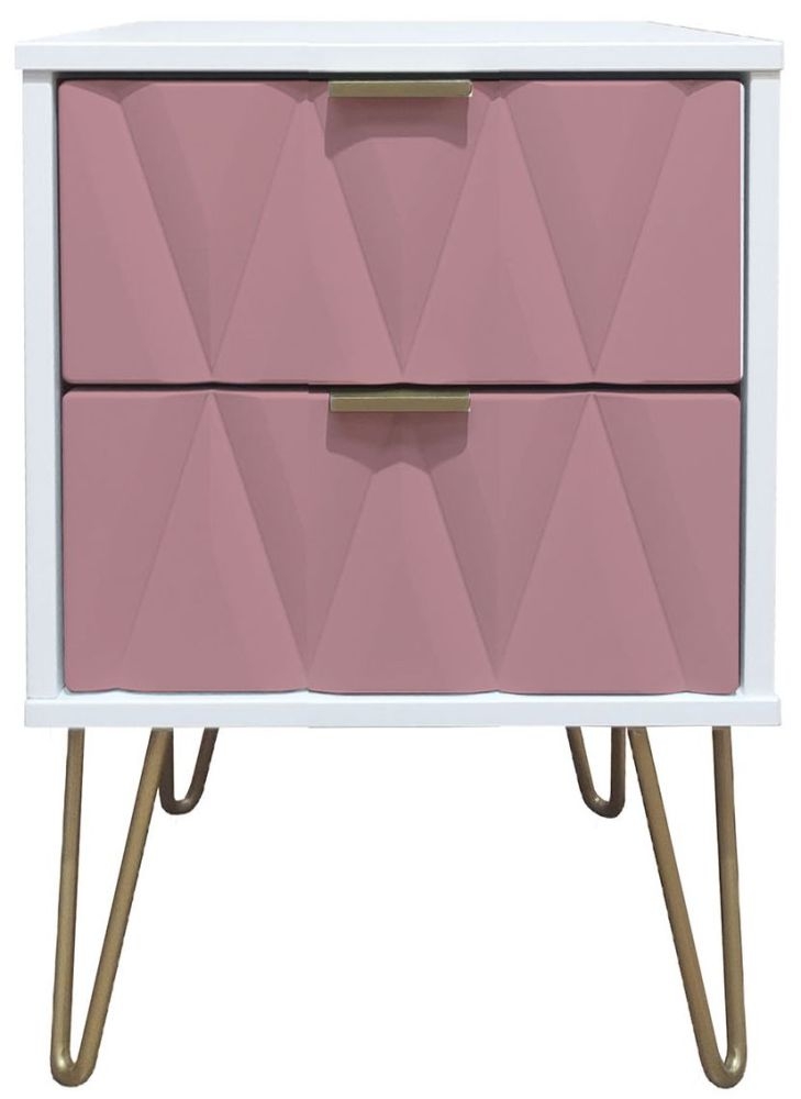 Diamond Pink and White 2 Drawer Bedside Cabinet with Gold Hairpin Legs