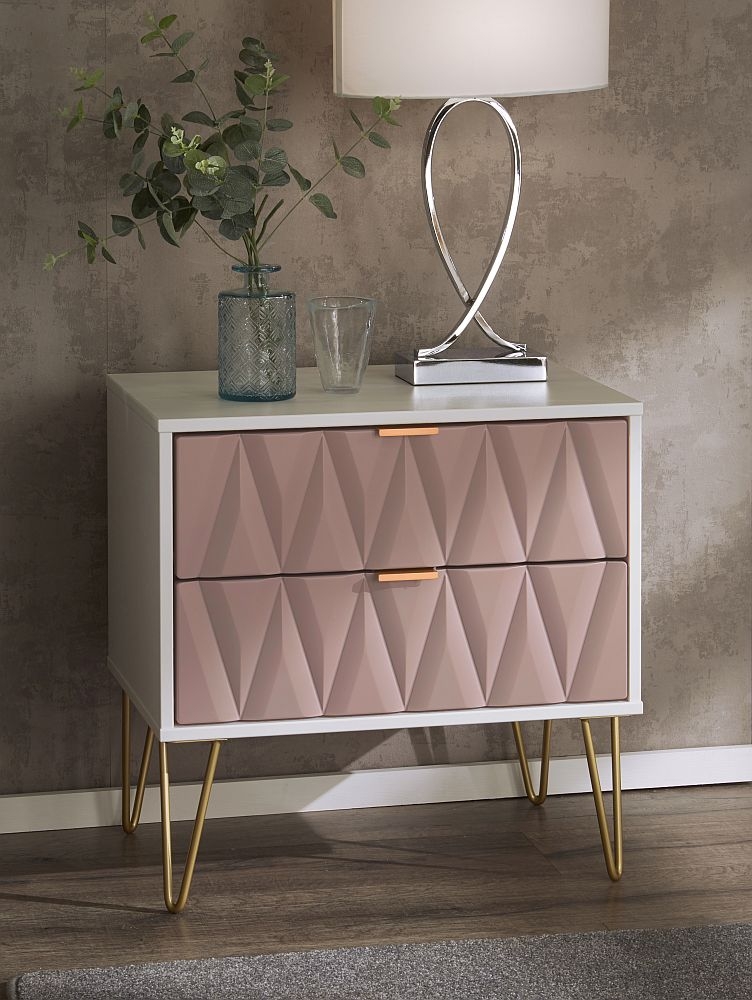 Diamond Midi Bedside Cabinet - 2 Drawer - with Gold Hairpin Legs - Pink and White