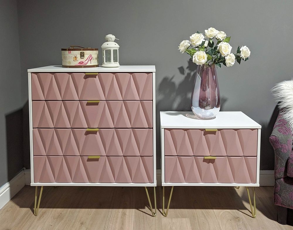 Diamond Midi Bedside Cabinet - 2 Drawer - with Gold Hairpin Legs - Pink and White