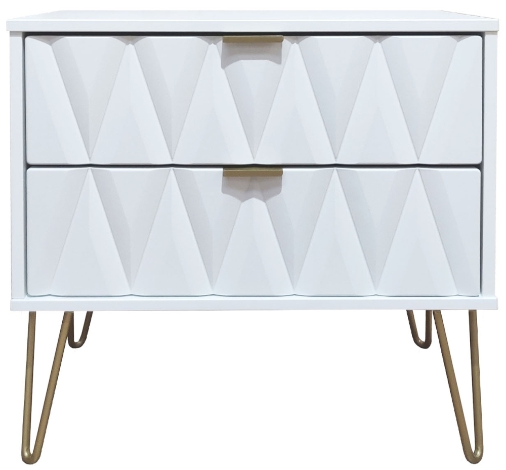 Diamond White 2 Drawer Midi Bedside Cabinet with Gold Hairpin Legs
