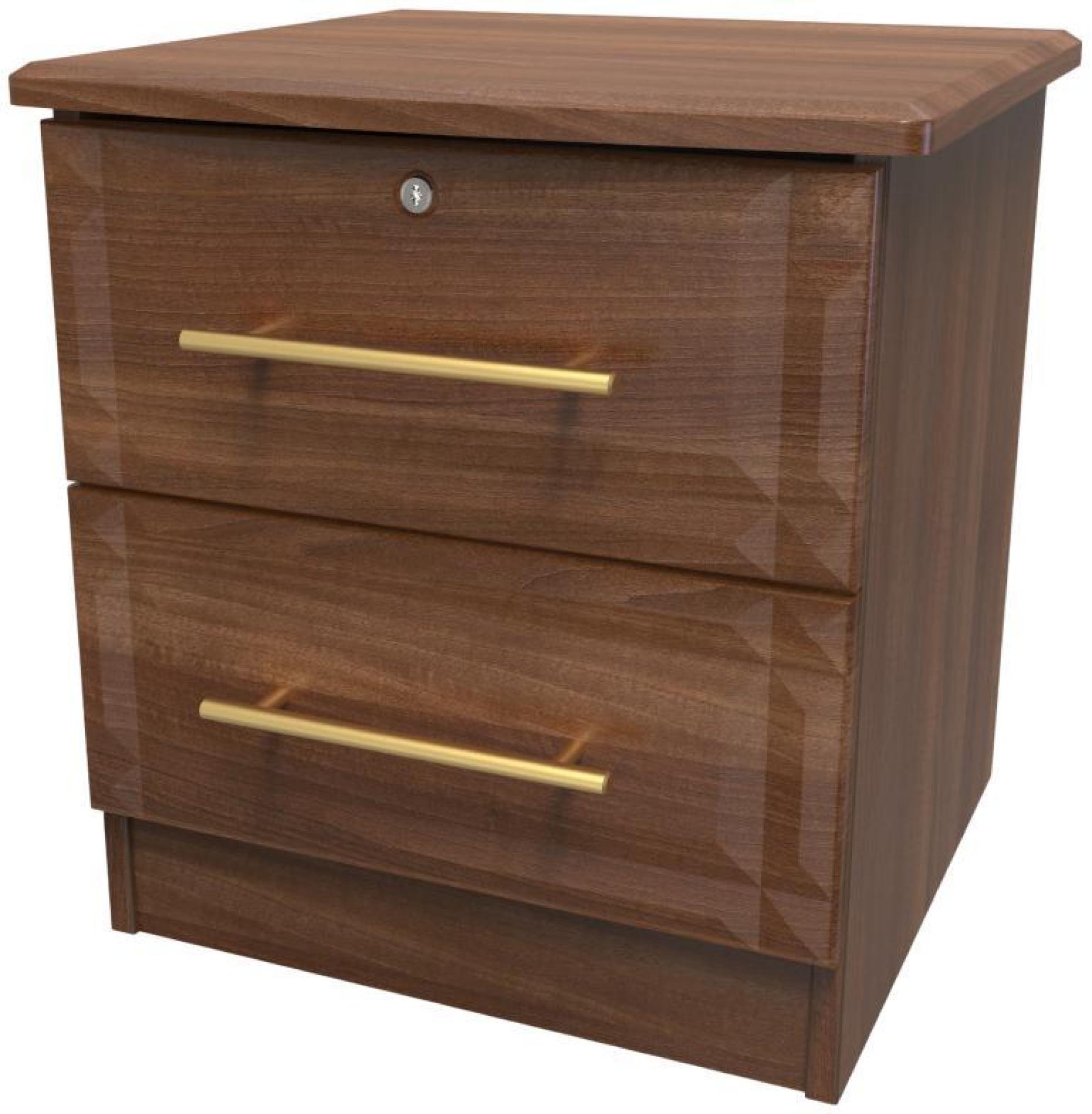 Faye Bedside Cabinet - 2 Drawer with Lock - Walnut
