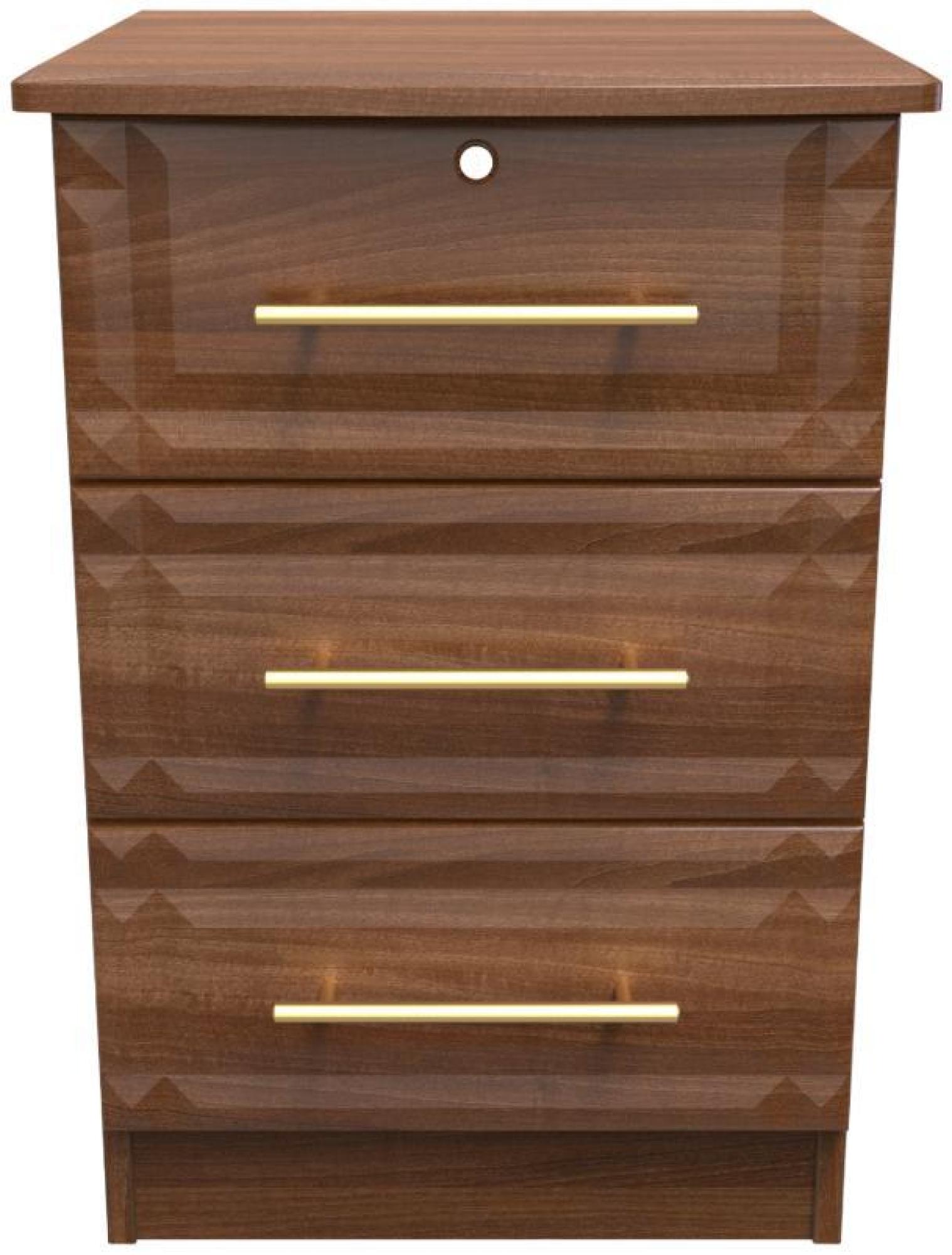 Faye Bedside Cabinet - 3 Drawer with Lock - Walnut