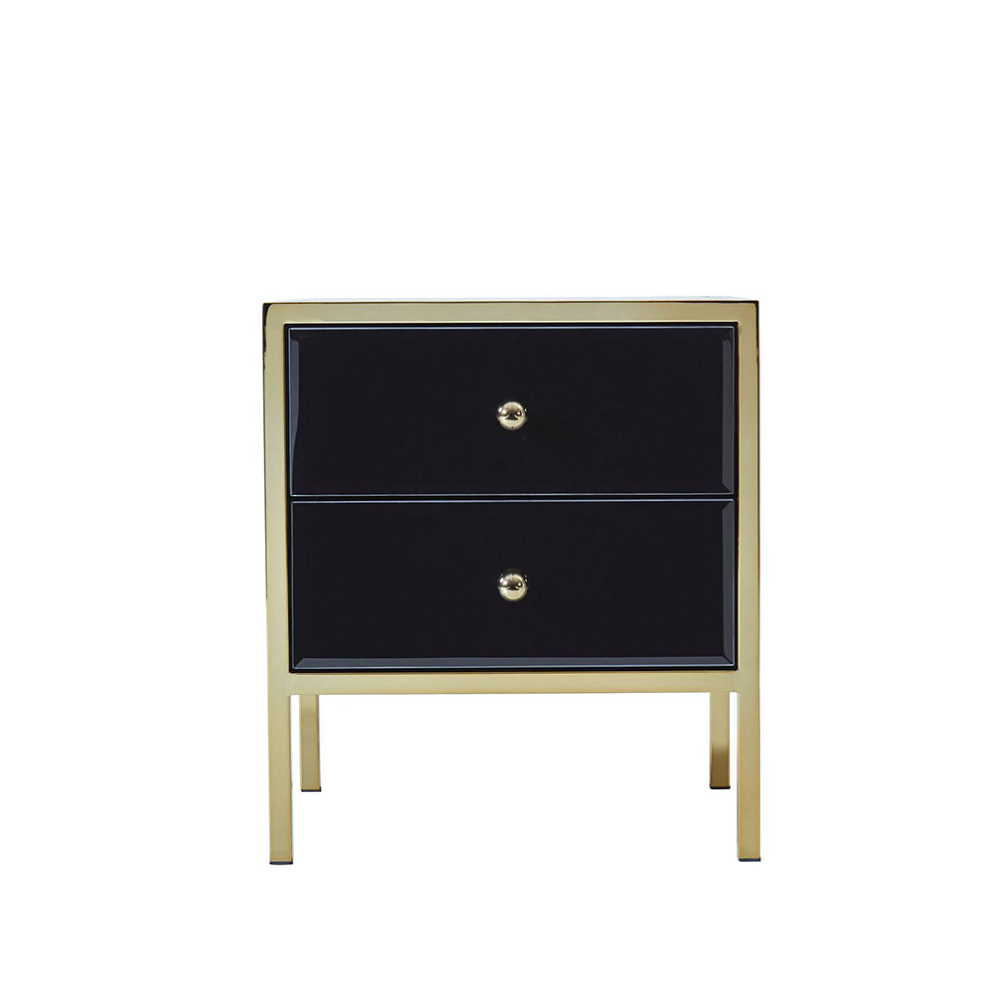 Fenwick Bedside Cabinet - 2 Drawer - Black Glass - Gold Trim