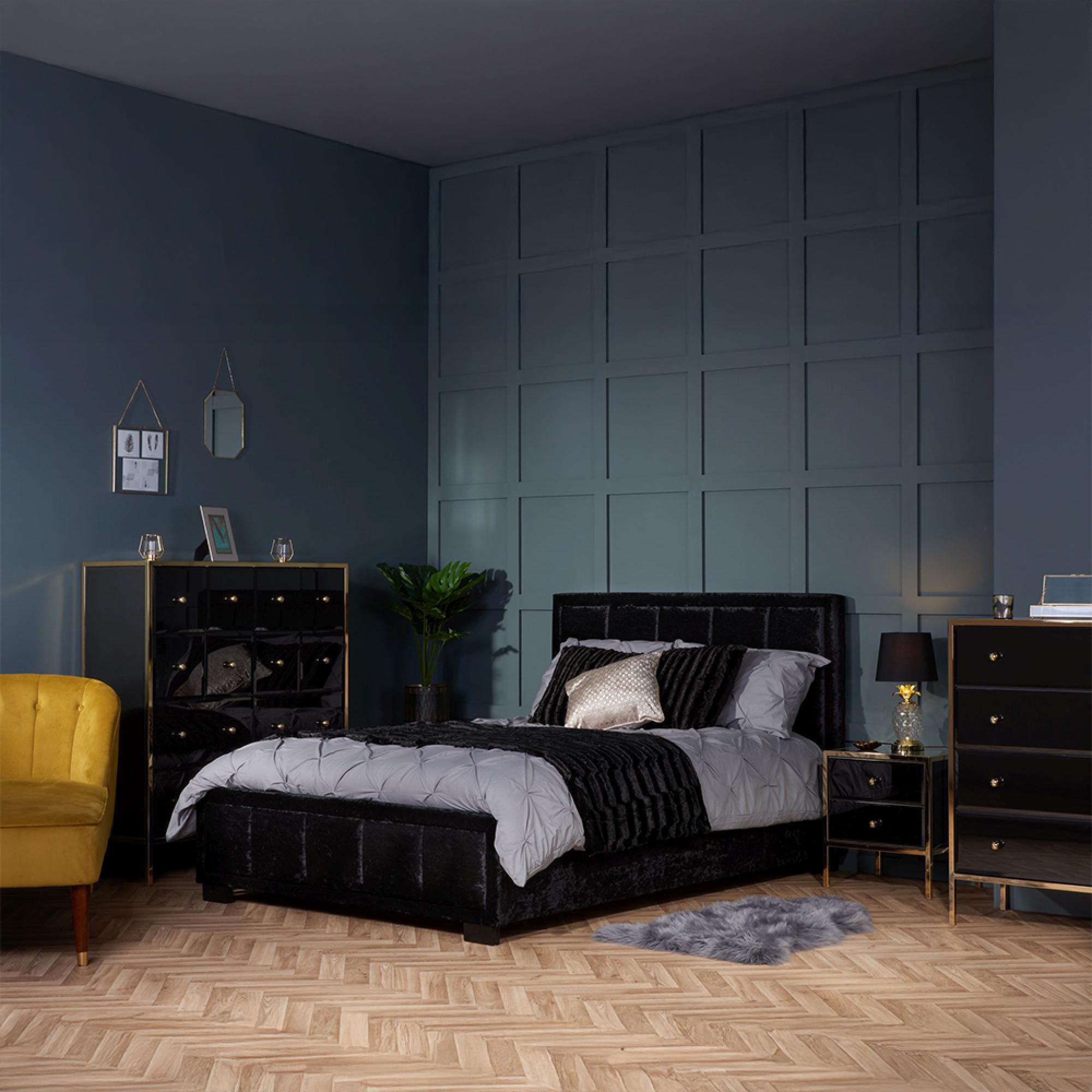 Fenwick Bedside Cabinet - 2 Drawer - Black Glass - Gold Trim