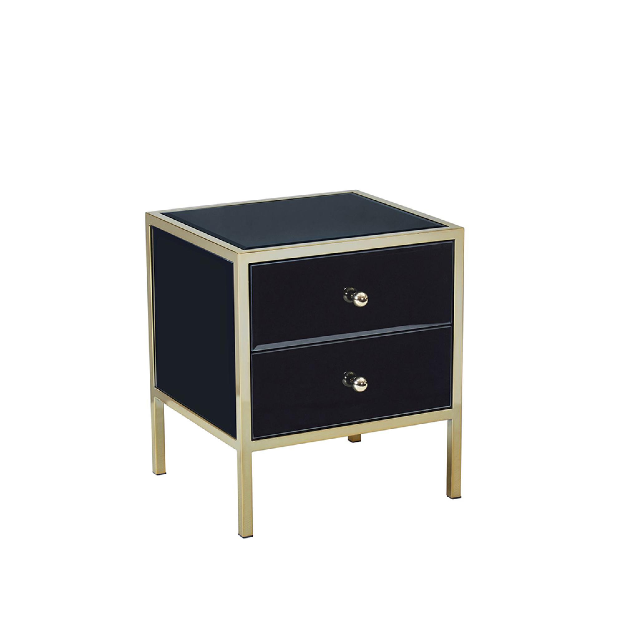 Fenwick Bedside Cabinet - 2 Drawer - Black Glass - Gold Trim