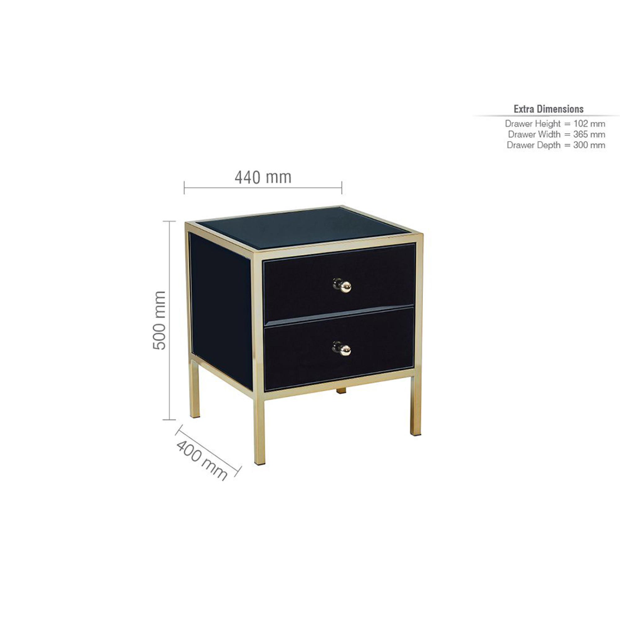 Fenwick Bedside Cabinet - 2 Drawer - Black Glass - Gold Trim