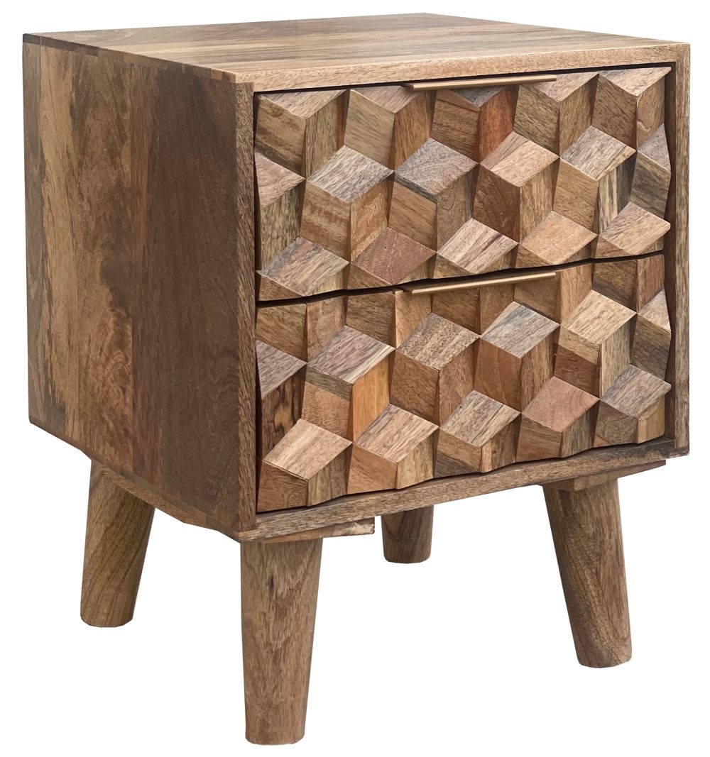 Geometric Carved Mango Wood 2 Drawer Bedside Cabinet