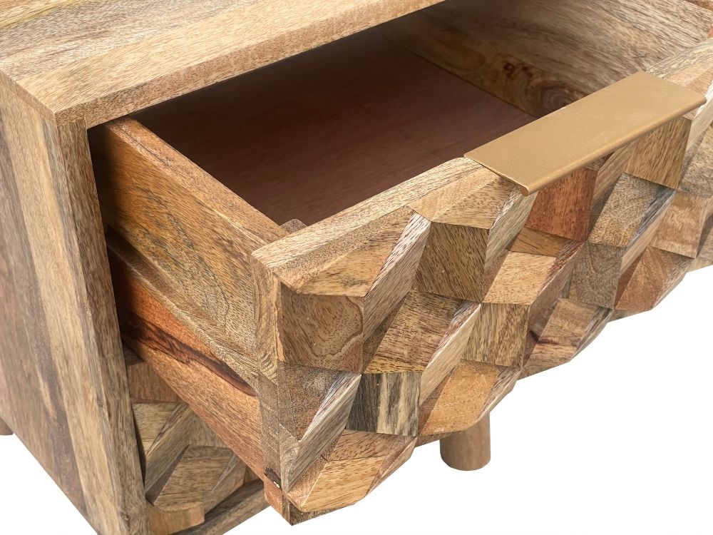 Geometric Carved Mango Wood 2 Drawer Bedside Cabinet