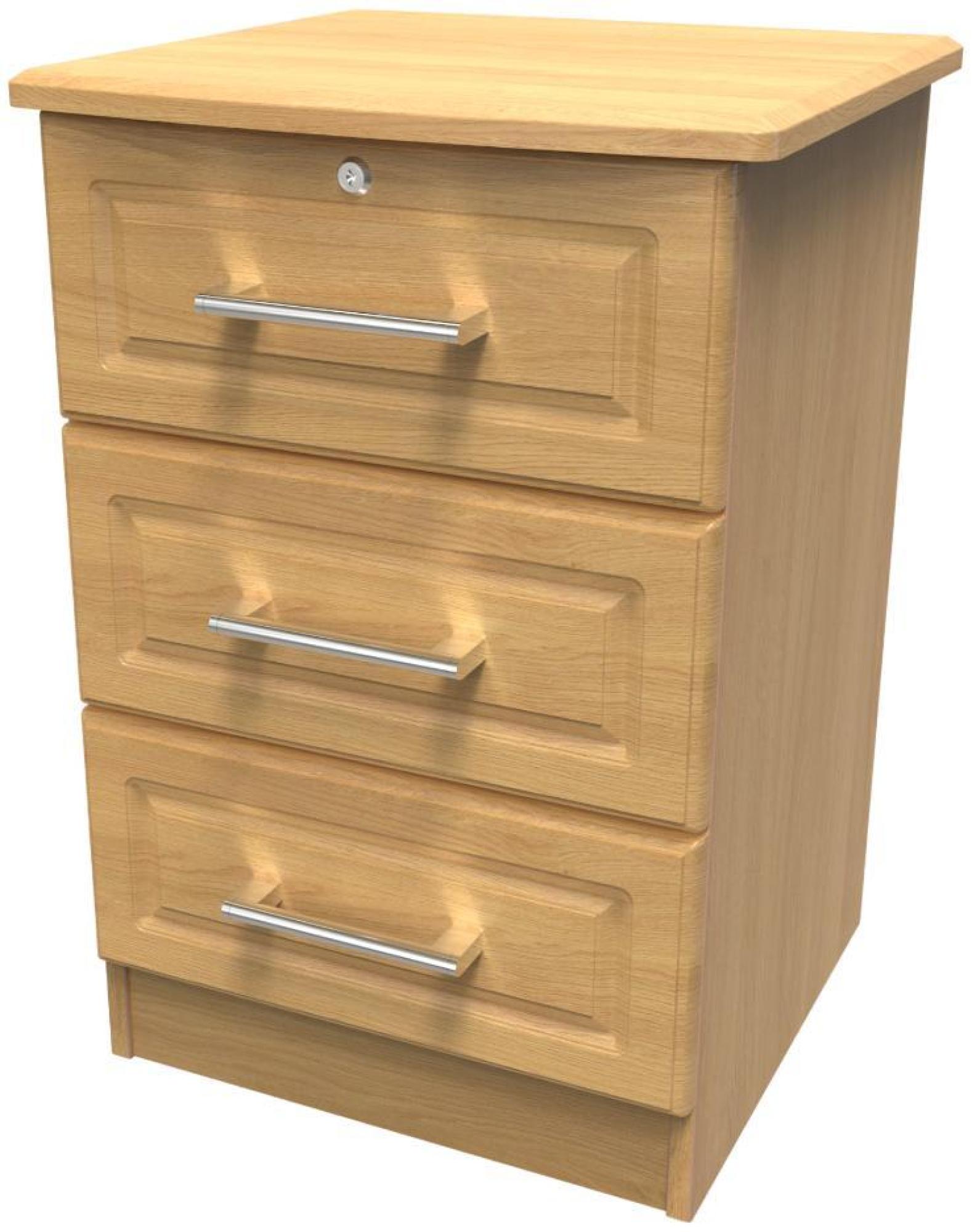 Gina Bedside Cabinet - 3 Drawer with Lock - Oak