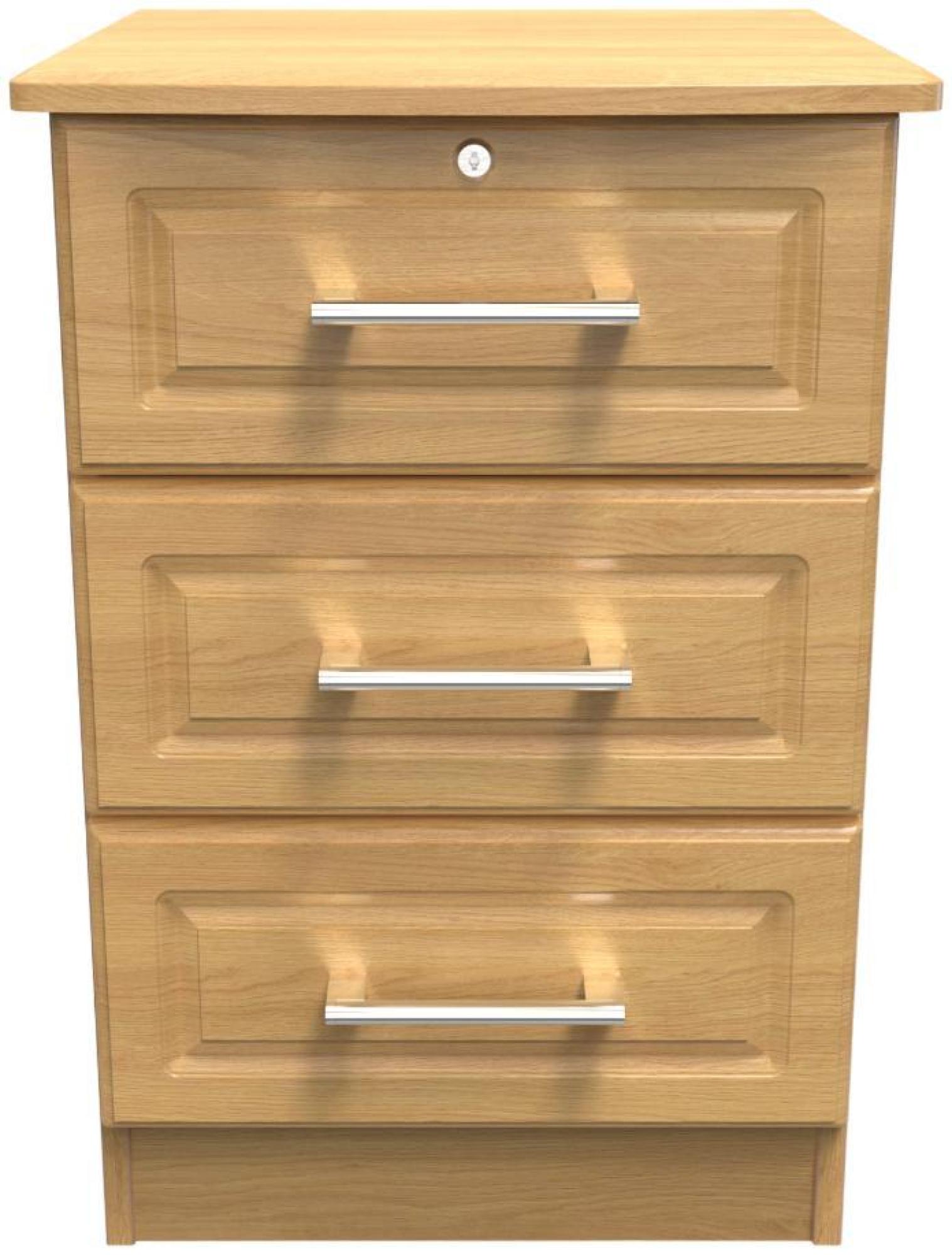 Gina Bedside Cabinet - 3 Drawer with Lock - Oak