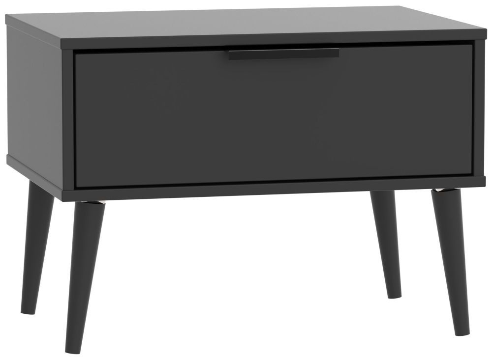 Hong Kong Bedside Table - 1 Drawer - Wide - with Wooden Legs - Black