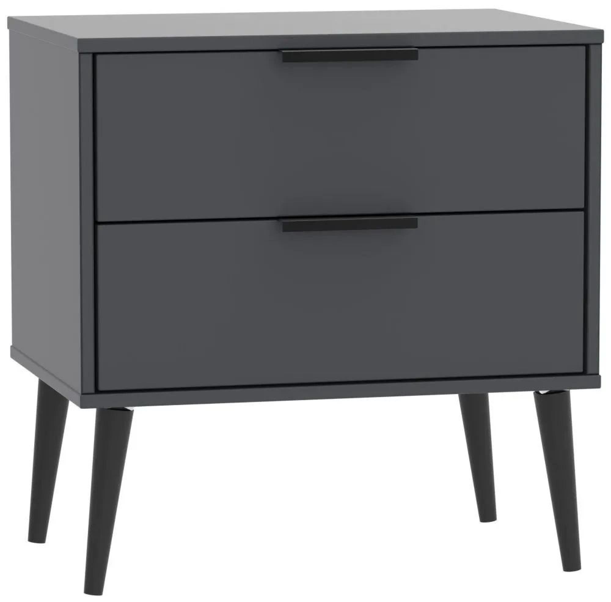 Hong Kong Graphite 2 Drawer Wide Bedside Cabinet with Wooden Legs