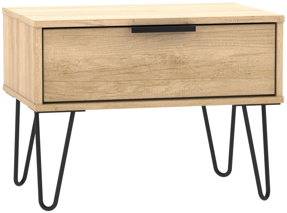 Hong Kong Oak Effect 1 Drawer Wide Bedside Cabinet with Hairpin Legs