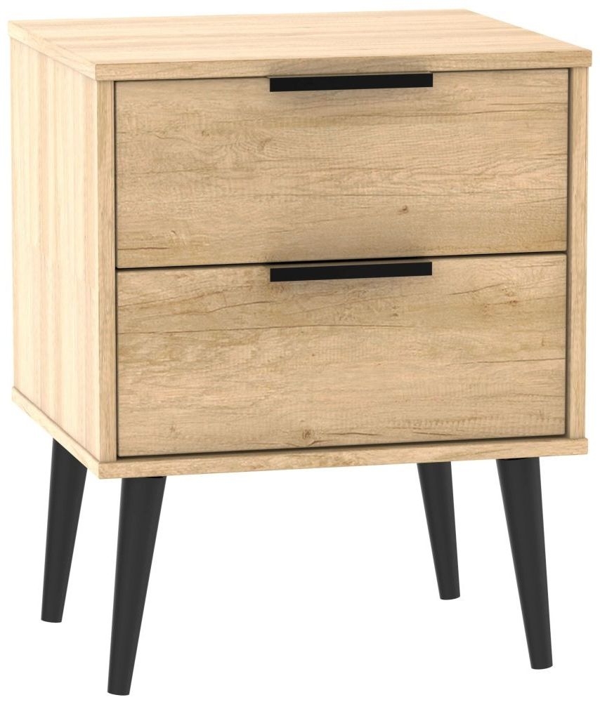 Hong Kong Oak Effect 2 Drawer Bedside Cabinet with Wooden Legs