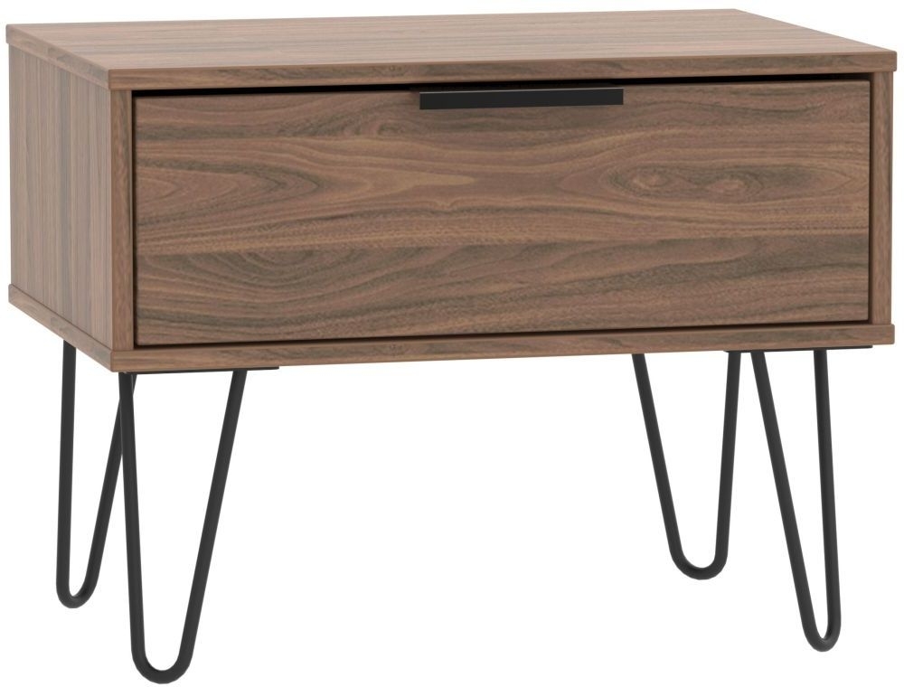 Hong Kong Walnut Effect 1 Drawer Wide Bedside Table with Hairpin Legs